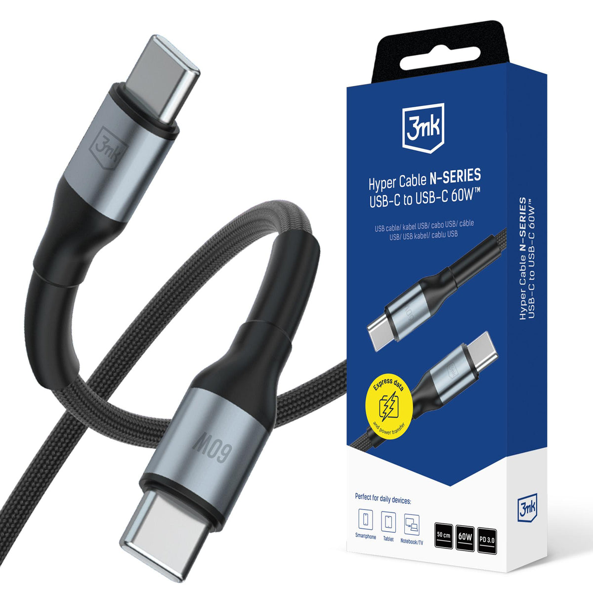 3mk Hyper Cable N-SERIES USB-C / USB-C 50cm PD 3.0 QC 3.0 20V/3A 60W - juodas -- Cell phone cables