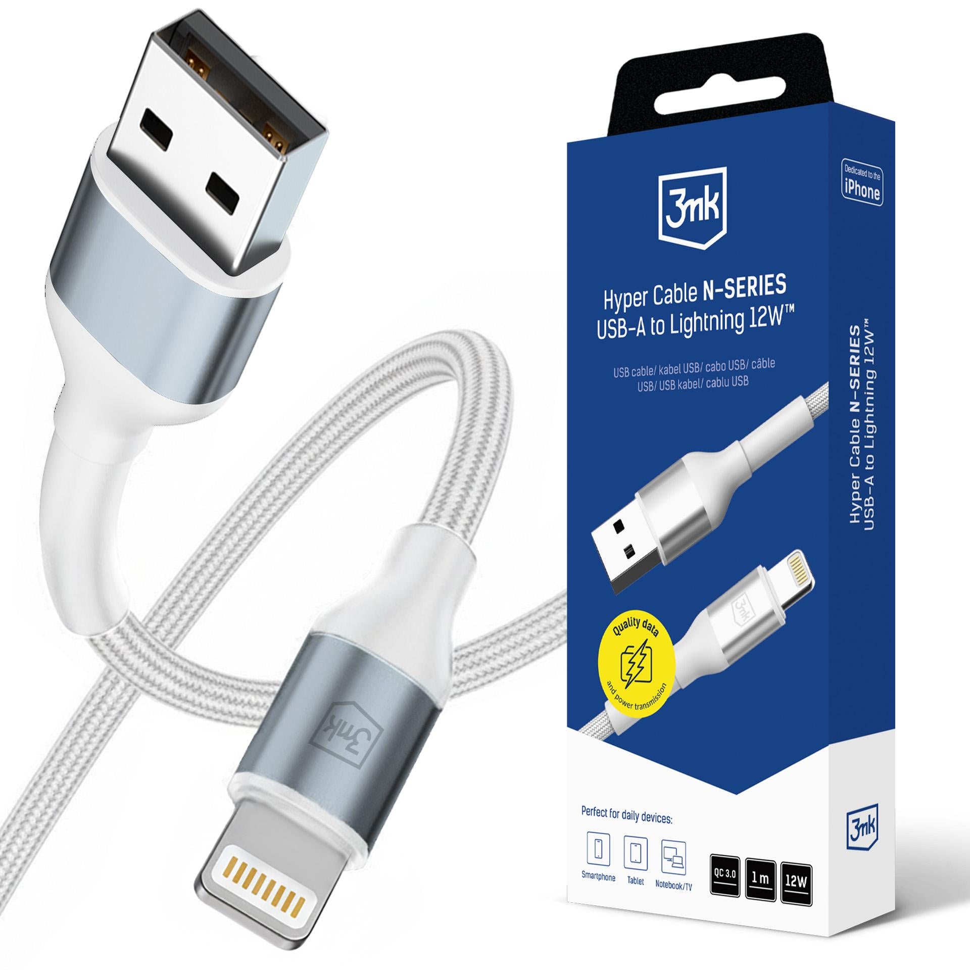 3mk Hyper Cable N-SERIES USB-A / Lightning 1m QC 3.0 5V/2.4A 12W - baltas -- Cell phone cables