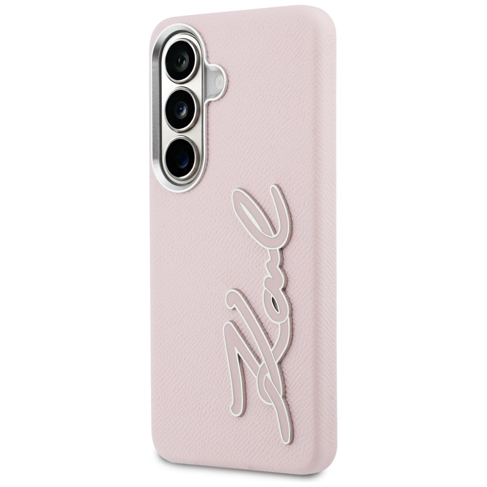 Karl Lagerfeld Grained Signature Metal Dervos logotipas Case, skirtas Samsung Galaxy S26 - Pink