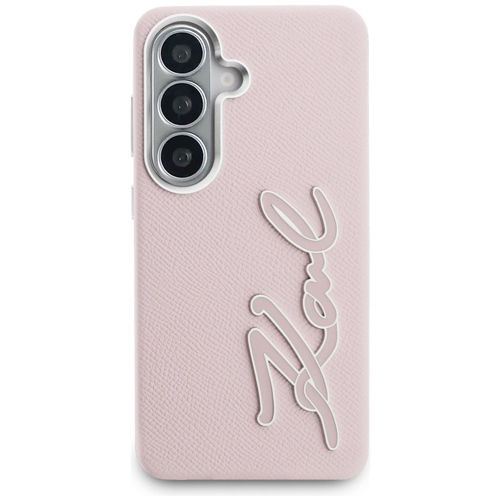 Karl Lagerfeld Grained Signature Metal Dervos logotipas Case, skirtas Samsung Galaxy S26 - Pink