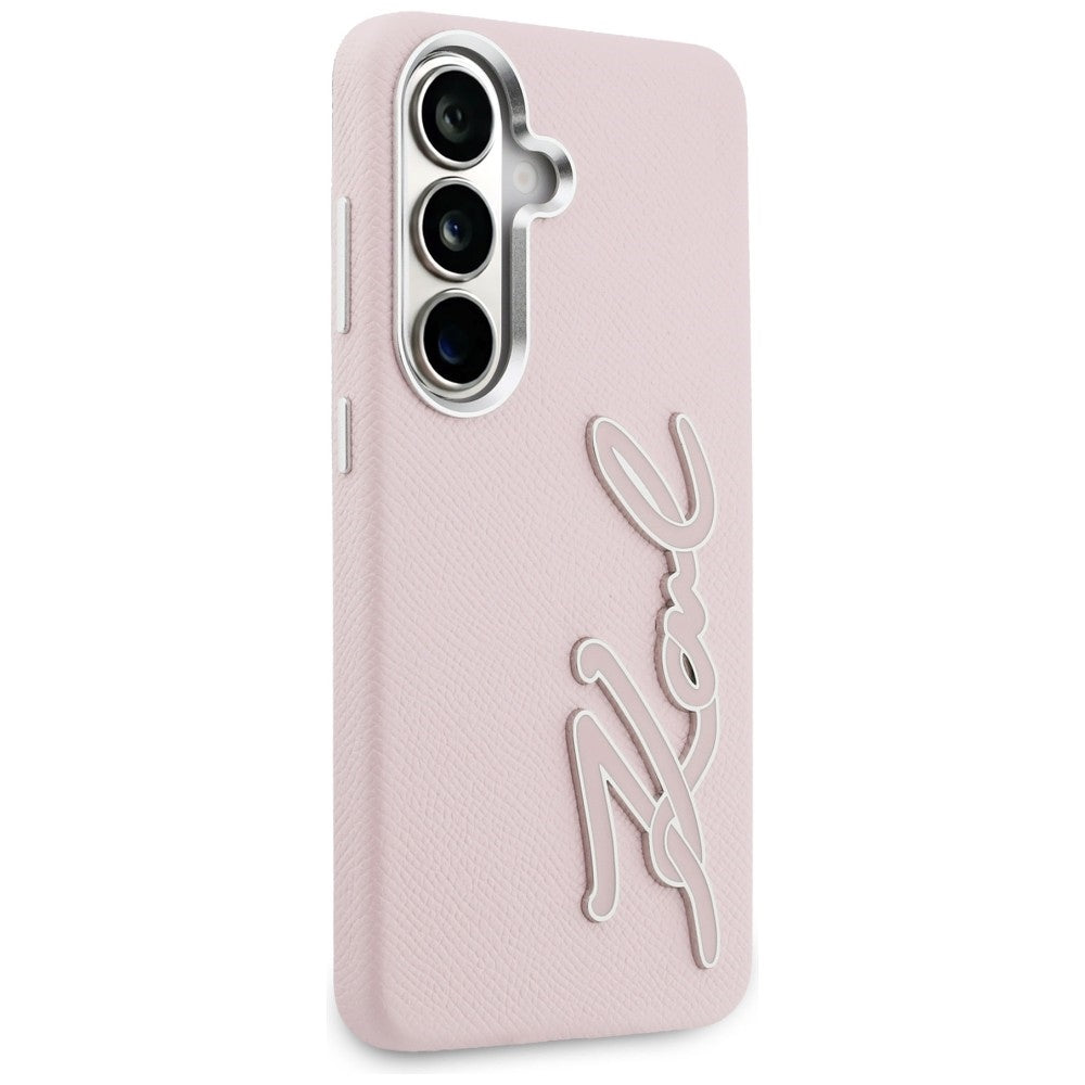 Karl Lagerfeld Grained Signature Metal Dervos logotipas Case, skirtas Samsung Galaxy S26 - Pink