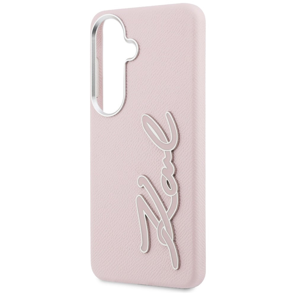 Karl Lagerfeld Grained Signature Metal Dervos logotipas Case, skirtas Samsung Galaxy S26 - Pink