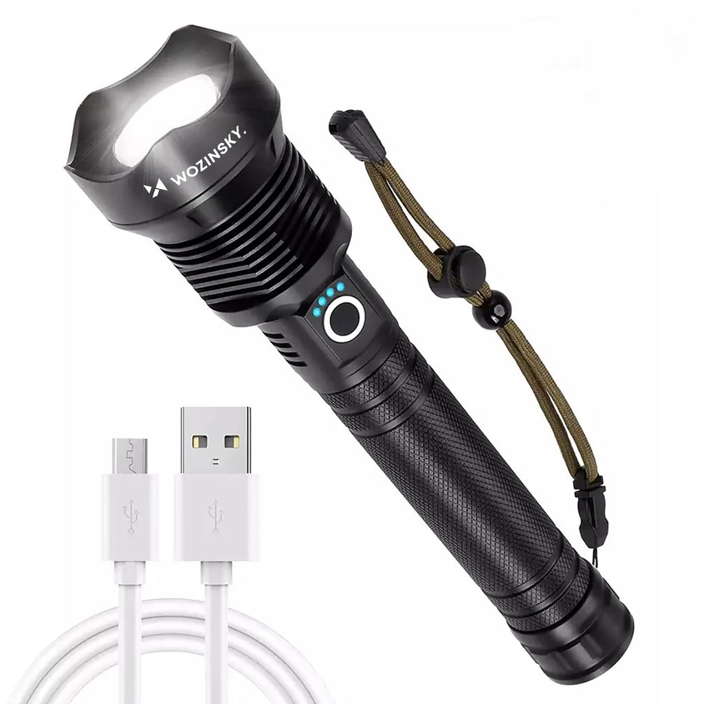 Wozinsky WLT-20W taktinis žibintuvėlis 20 W 2000 lm CREE diodai IP65 su reguliuojamu šviesos spinduliu - juodas --...