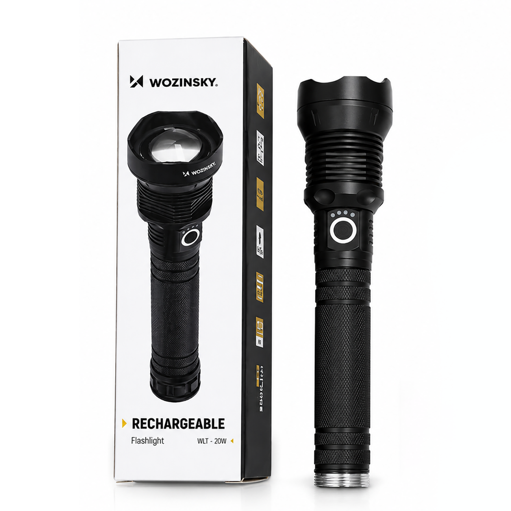 Wozinsky WLT-20W taktinis žibintuvėlis 20 W 2000 lm CREE diodai IP65 su reguliuojamu šviesos spinduliu - juodas --...