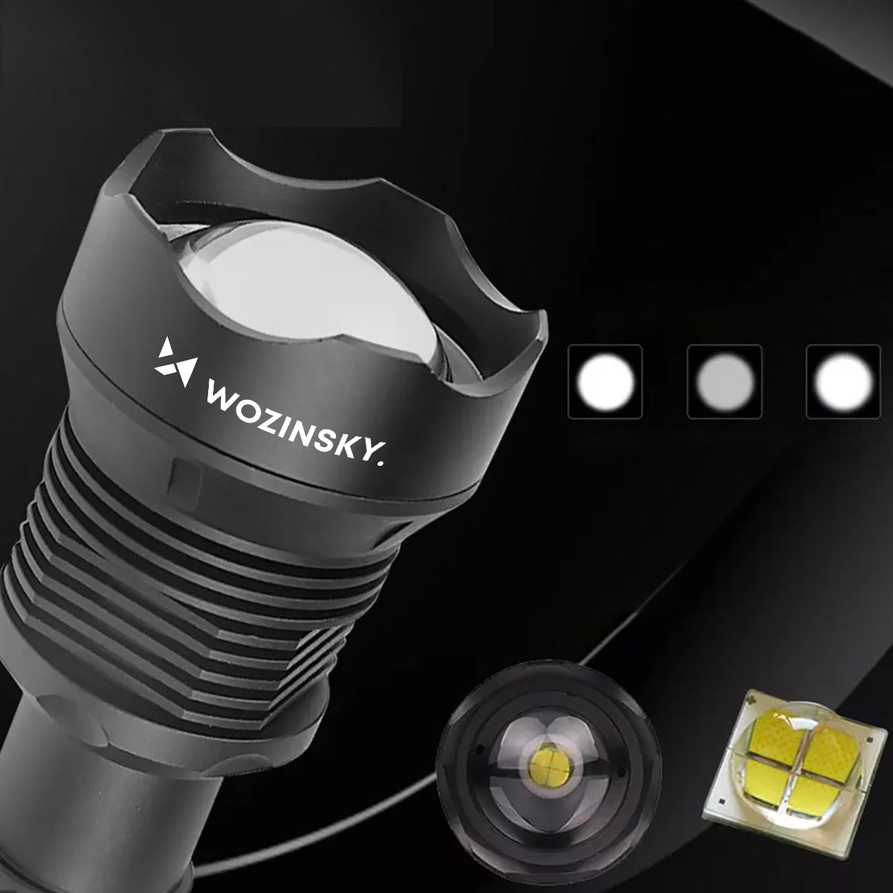 Wozinsky WLT-20W taktinis žibintuvėlis 20 W 2000 lm CREE diodai IP65 su reguliuojamu šviesos spinduliu - juodas --...