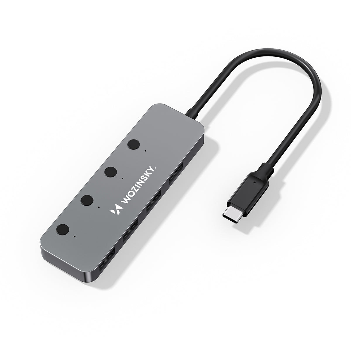 Šakotuvas Wozinsky WHS080YSS 4 x USB-A 3.0 aliuminio korpusu su atskirais jungikliais ir 15 cm USB-C kabeliu - pilkas --...