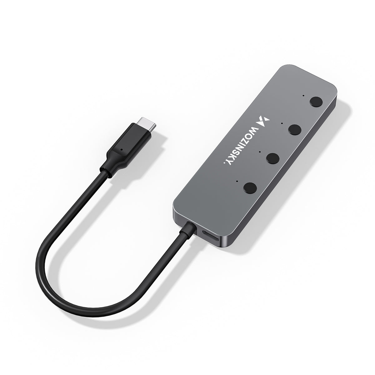 Šakotuvas Wozinsky WHS080YSS 4 x USB-A 3.0 aliuminio korpusu su atskirais jungikliais ir 15 cm USB-C kabeliu - pilkas --...