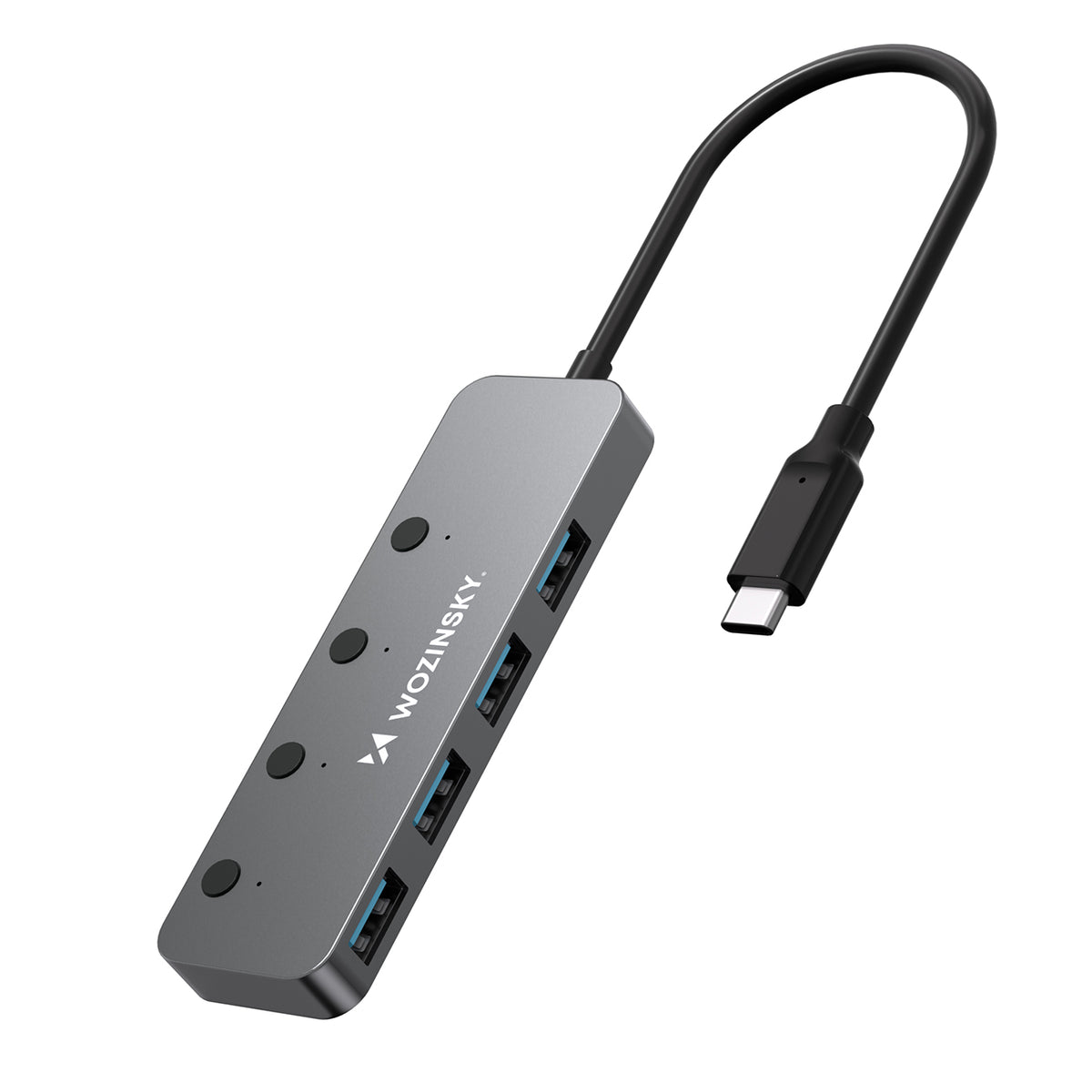 Šakotuvas Wozinsky WHS080YSS 4 x USB-A 3.0 aliuminio korpusu su atskirais jungikliais ir 15 cm USB-C kabeliu - pilkas --...