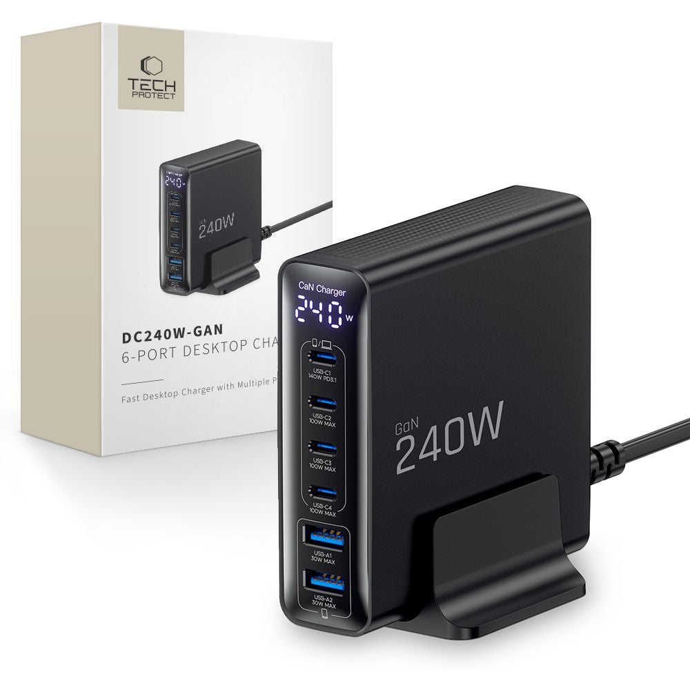 Tech-protect DC240W-gan charging station 6 ports 4 x USB-c 2 x USB-a 240W QC3.0 - juoda -- Cell phone chargers