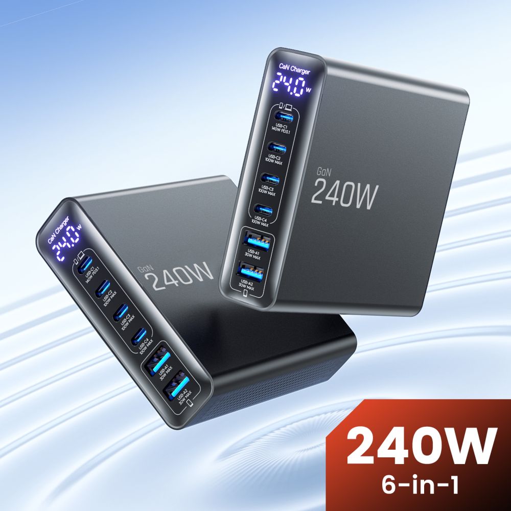 Tech-protect DC240W-gan charging station 6 ports 4 x USB-c 2 x USB-a 240W QC3.0 - juoda -- Cell phone chargers