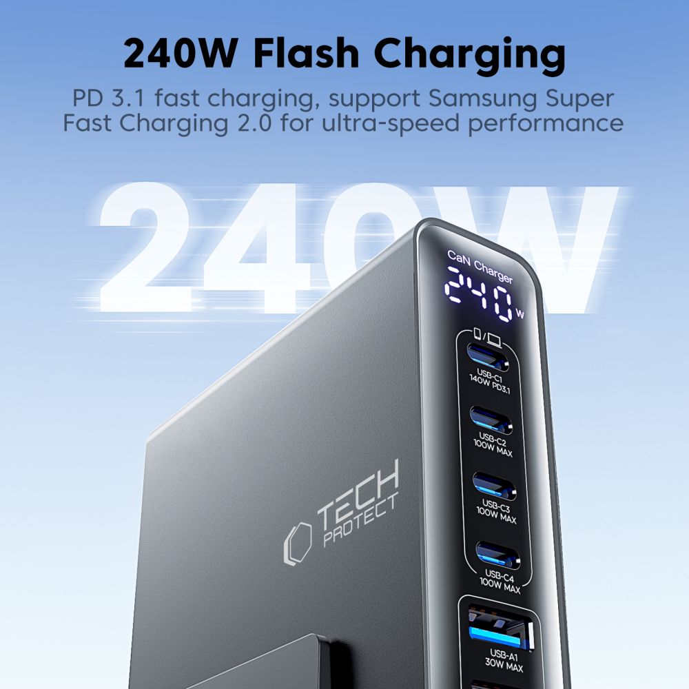 Tech-protect DC240W-gan charging station 6 ports 4 x USB-c 2 x USB-a 240W QC3.0 - juoda -- Cell phone chargers