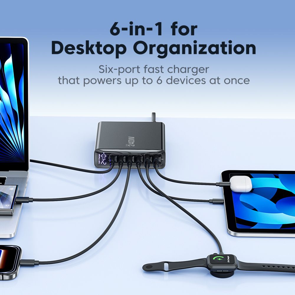 Tech-protect DC240W-gan charging station 6 ports 4 x USB-c 2 x USB-a 240W QC3.0 - juoda -- Cell phone chargers