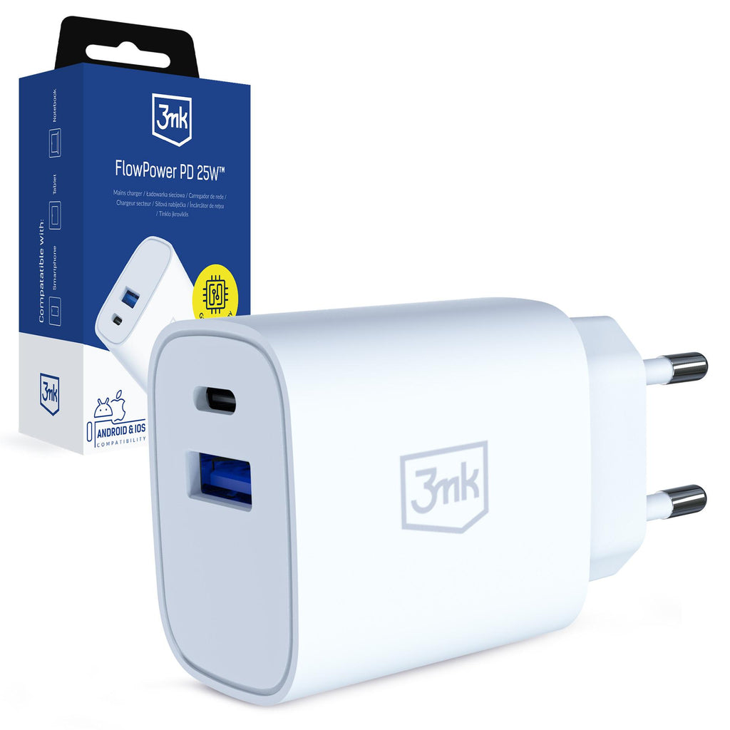 3mk FlowPower 25W 1A1C PD QC4+ sieninis įkroviklis - Baltas -- Cell phone chargers
