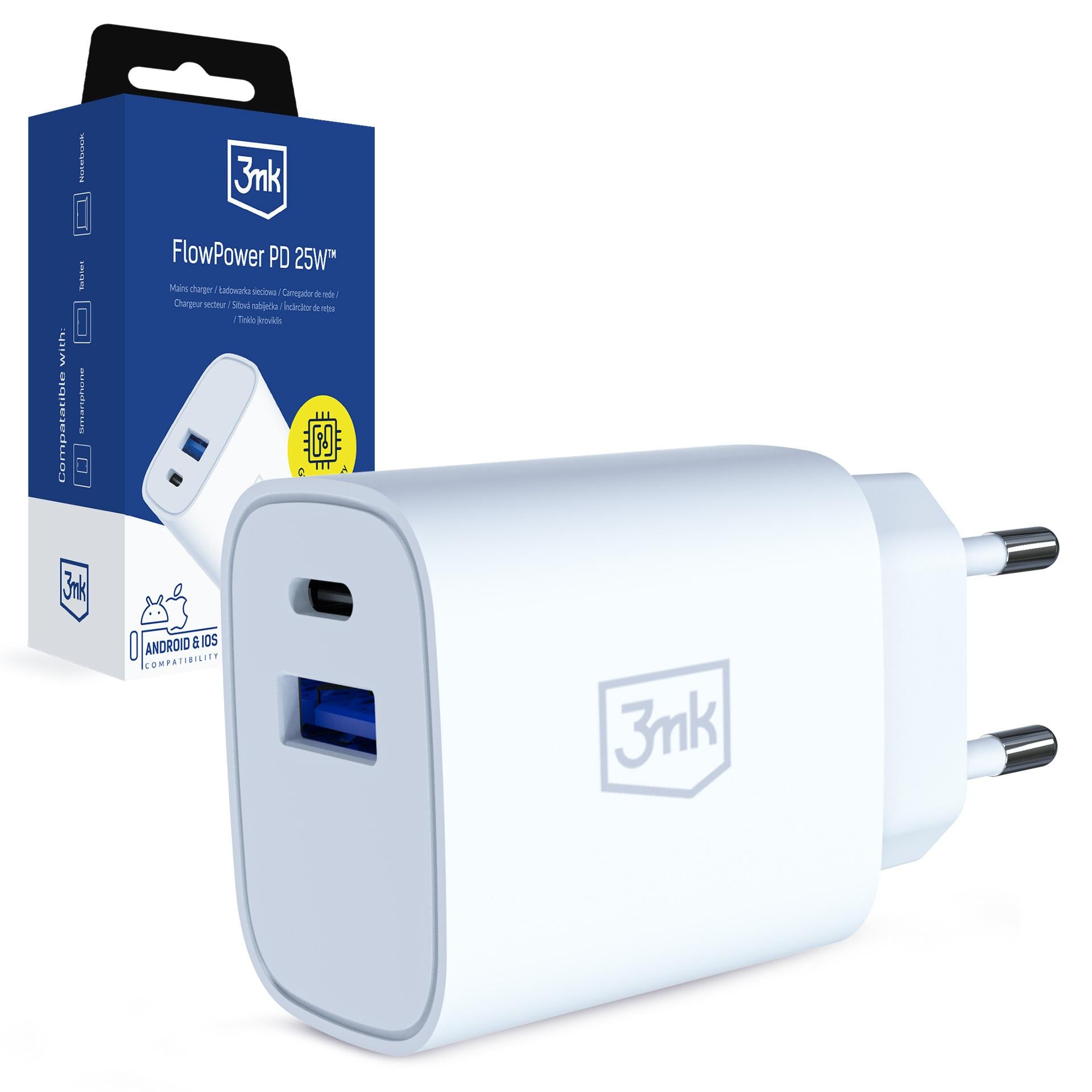 3mk FlowPower 25W 1A1C PD QC4+ sieninis įkroviklis - Baltas -- Cell phone chargers