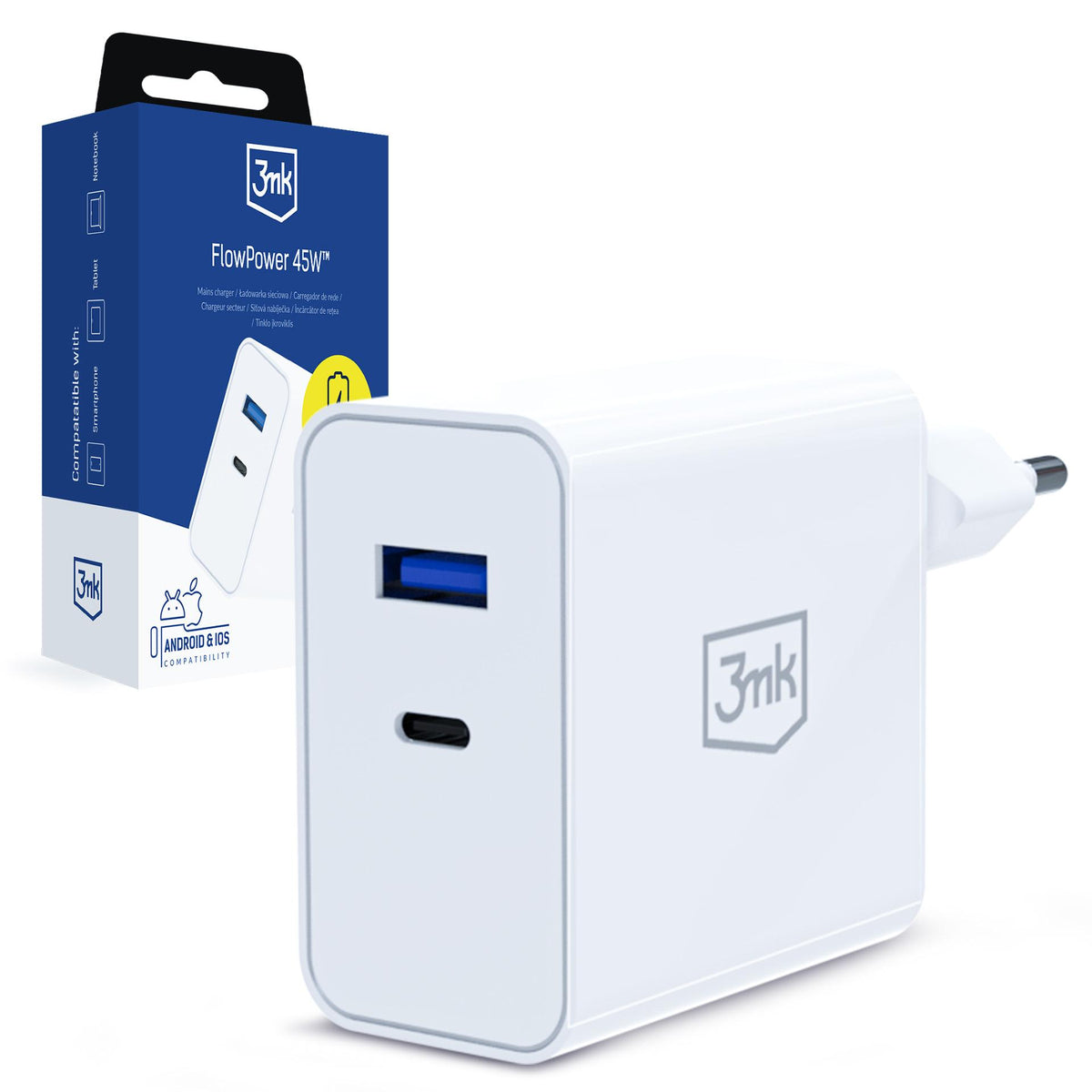 3mk FlowPower 45W 1A1C PD3.0 QC4+ sieninis įkroviklis - Balta -- Cell phone chargers