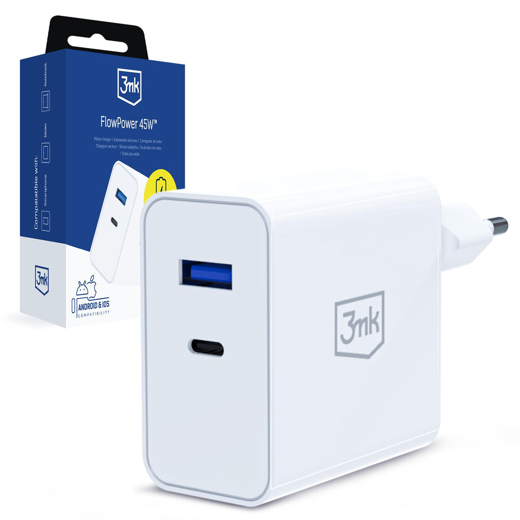 3mk FlowPower 45W 1A1C PD3.0 QC4+ sieninis įkroviklis - Balta -- Cell phone chargers