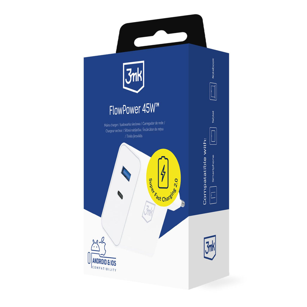 3mk FlowPower 45W 1A1C PD3.0 QC4+ sieninis įkroviklis - Balta -- Cell phone chargers