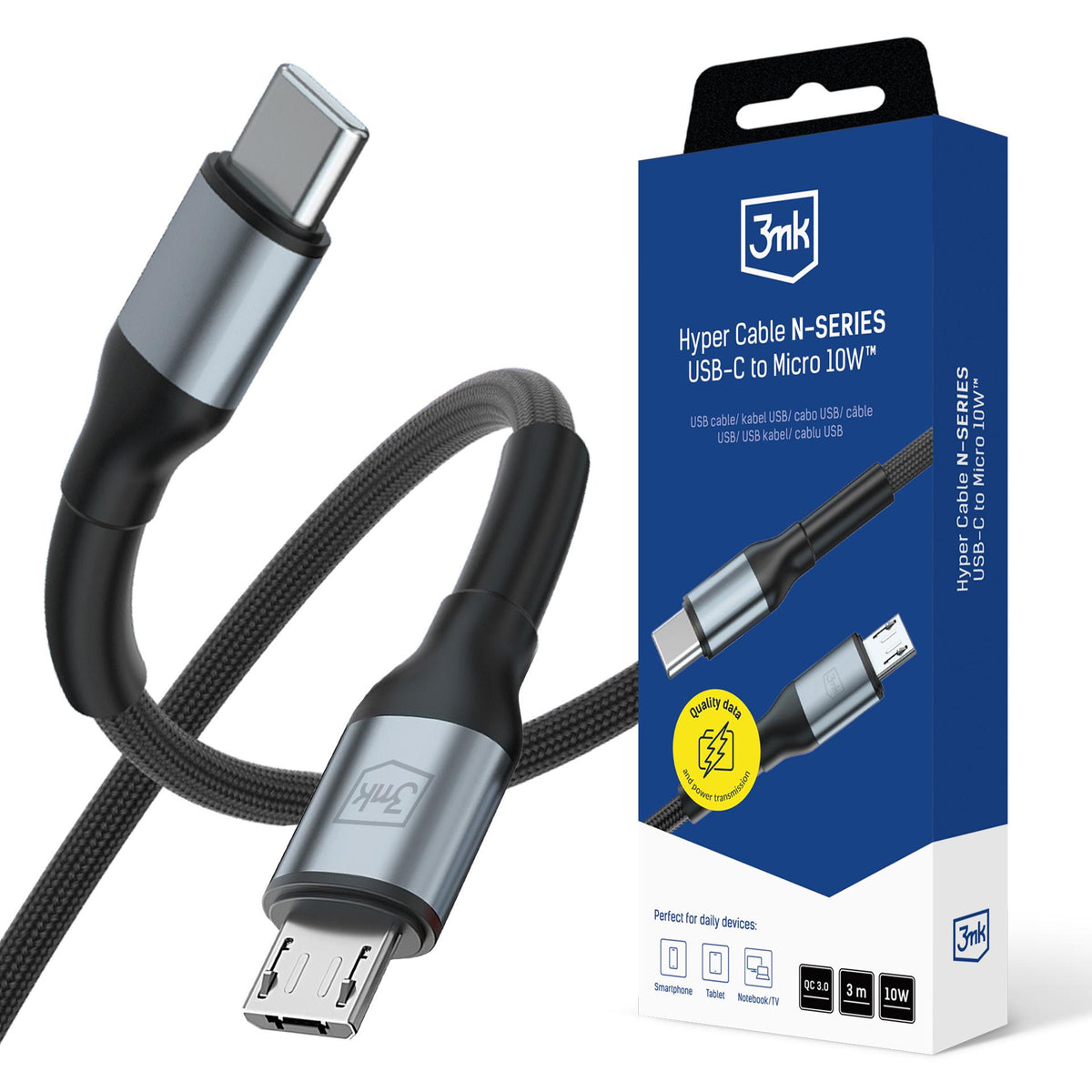 3mk Hyper Cable N-SERIES USB-C / MicroUSB 3m QC 3.0 5V/2A 10W - juodas -- Cell phone cables