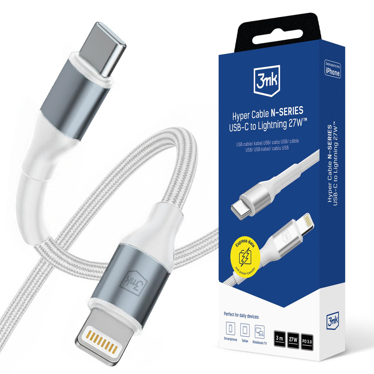 3mk Hyper Cable N-SERIES USB-C / Lightning 3m PD 3.0 9V/3A 27W - baltas -- Cell phone cables