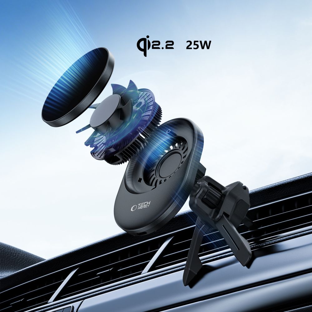 Tech-Protect V21 MagSafe automobilinis laikiklis su 25W Qi2.2 indukciniu įkrovikliu prietaisų skydeliui/priekiniam...