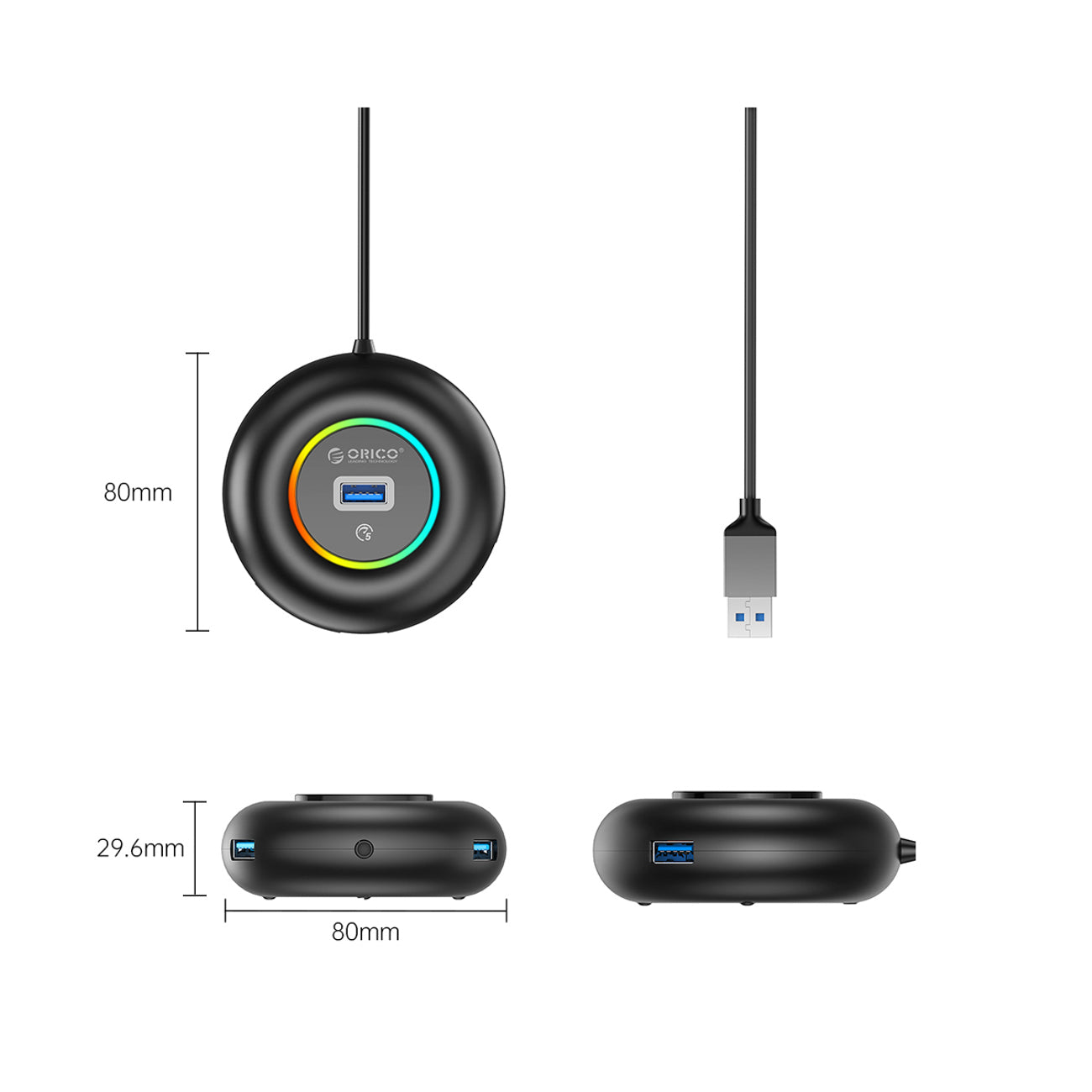 Orico YXR4-U3 RGB USB Hub 4 prievadų USB-A 3.0 su audio/mikrofoniniais prievadais 1.8m - Juoda -- USB Hubs