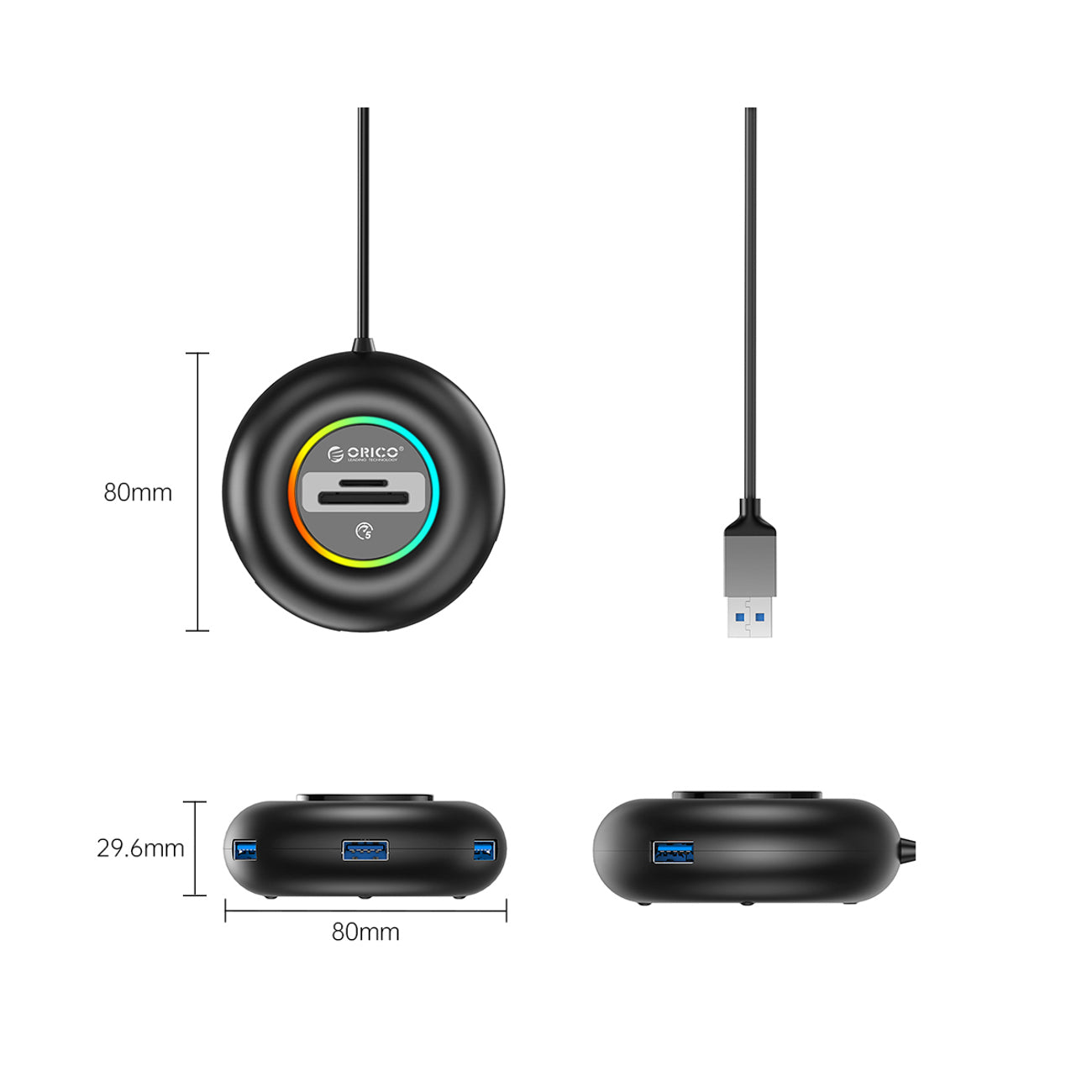 Orico YXR5-U3 RGB USB Hub 4 prievadų USB-A 3.0 su SD ir microSD kortelės skaitytuvu 1.8m - Juoda -- USB Hubs