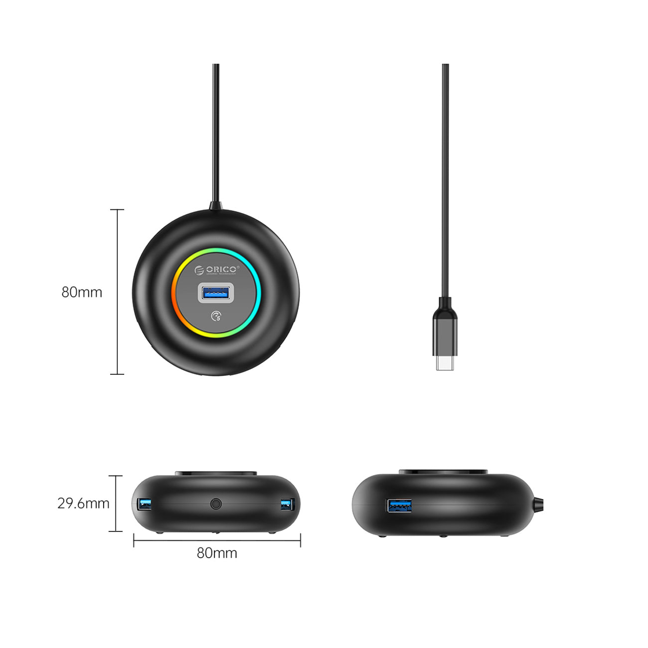 Orico YXR4-C3 RGB USB Hub 4 prievadų USB-A 3.0 su audio/mikrofoniniais prievadais 0.3m - Juoda -- USB Hubs