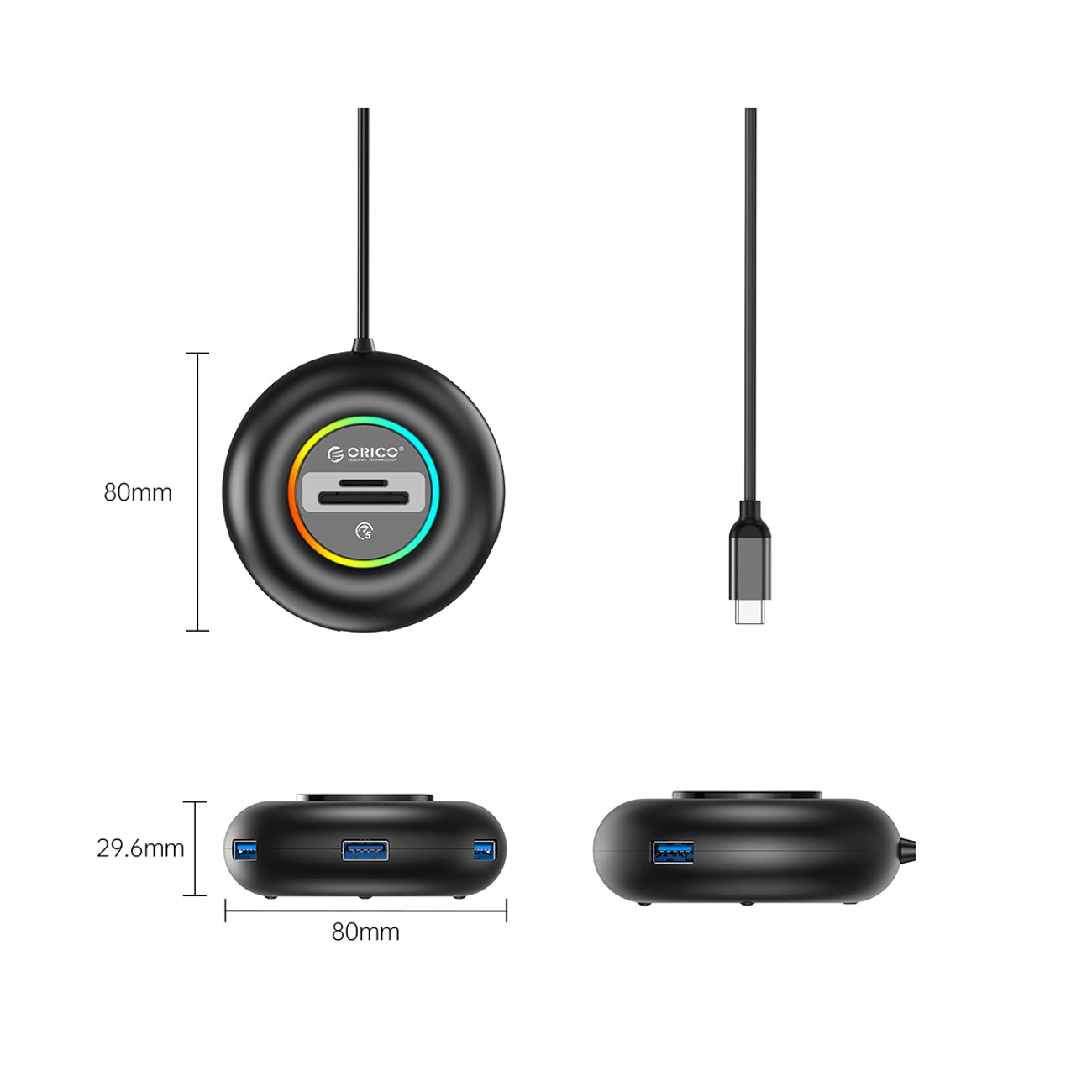 Orico YXR5-C3 RGB USB Hub 4 prievadų USB-A 3.0 su SD ir microSD skaitytuvu 1,8 m – Juoda -- USB Hubs