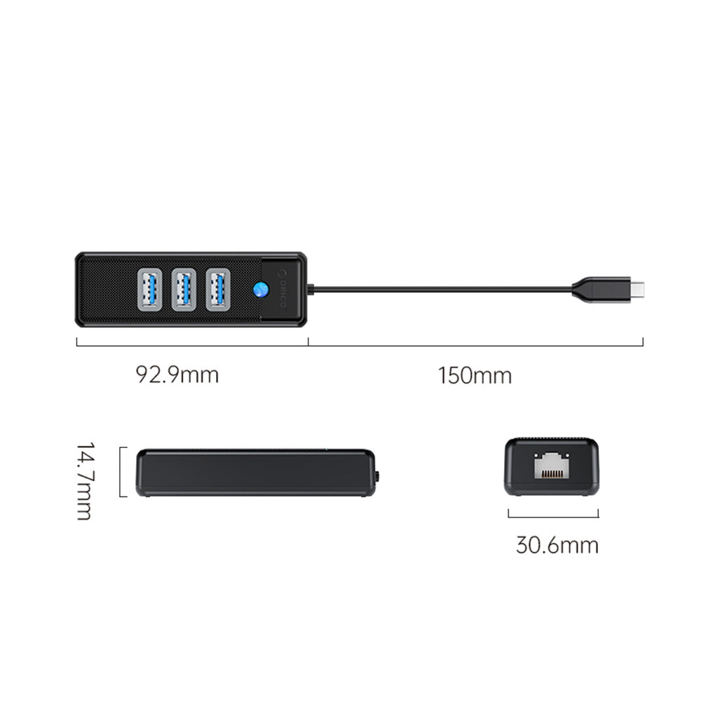 Orico PW3UR25-C3 USB šalintuvas 4 prievadų 3x USB-A 3.0 1x RJ45 2,5G Ethernet 0,15m - juodas -- USB Hubs