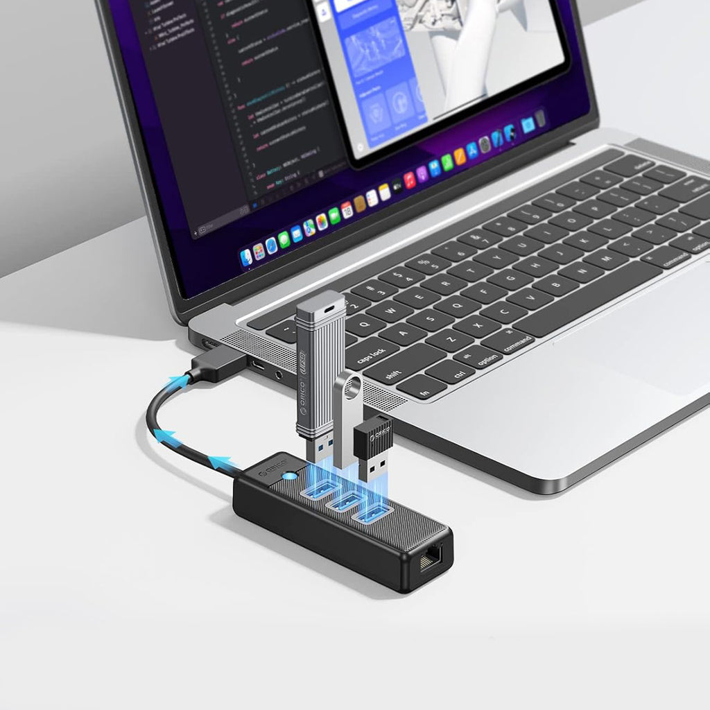 Orico PW3UR25-U3 USB šalintuvas 4 prievadai 3x USB-A 3.0 1x RJ45 2.5G Ethernet 0,15 m - juoda -- USB Hubs