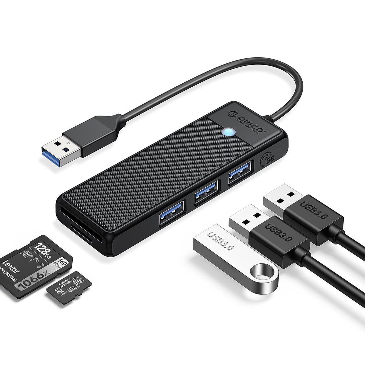 Orico PAPW3AT-U3 USB šakotuvas, 4 prievadai, 3x USB-A 3.0 su microSD/SD skaitytuvu, 1 m - juodas -- USB Hubs
