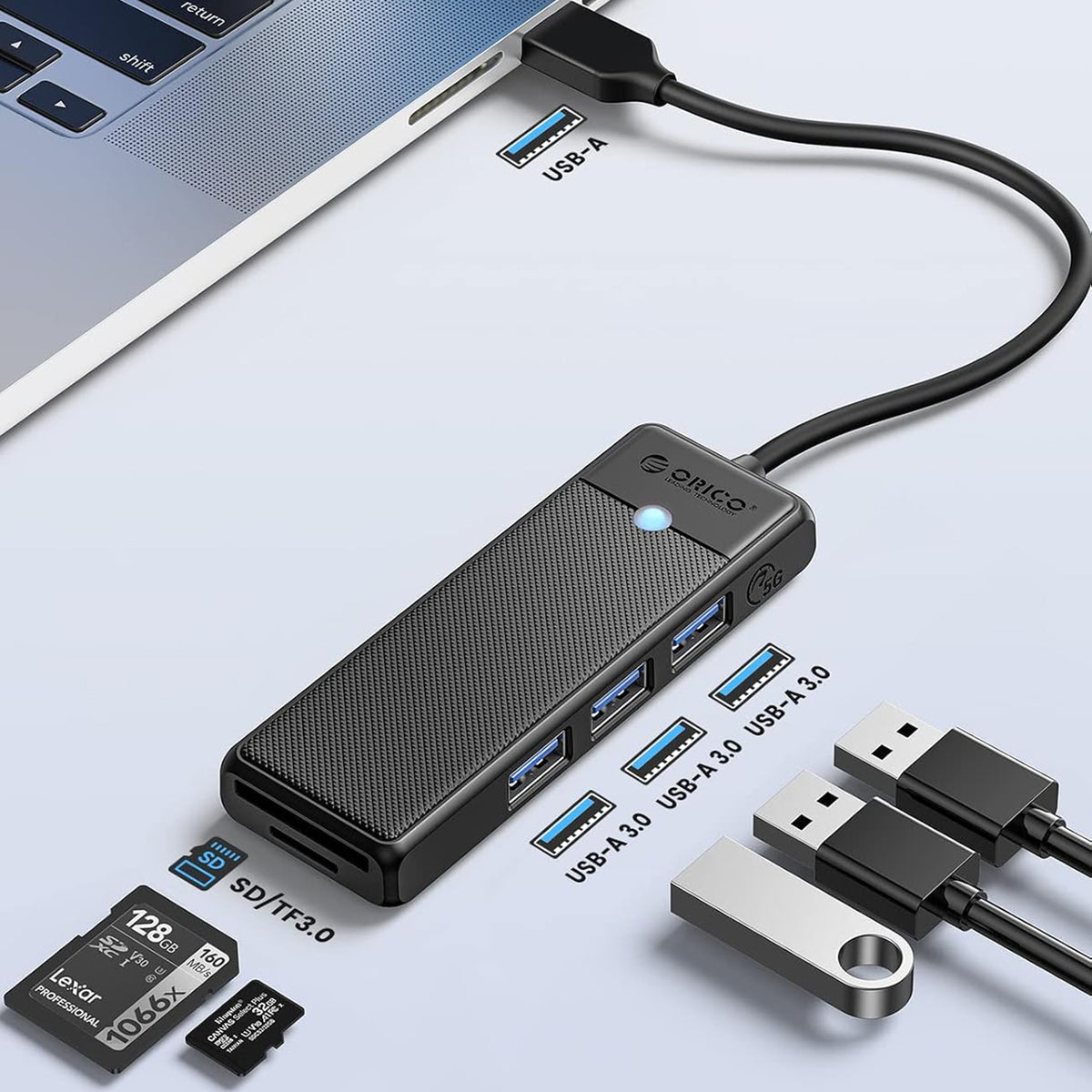 Orico PAPW3AT-U3 USB šakotuvas, 4 prievadai, 3x USB-A 3.0 su microSD/SD skaitytuvu, 1 m - juodas -- USB Hubs