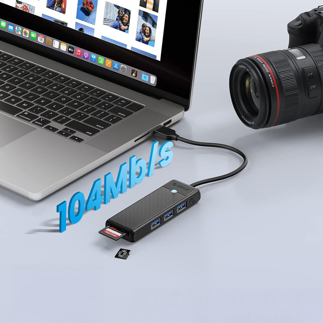 Orico PAPW3AT-U3 USB šakotuvas, 4 prievadai, 3x USB-A 3.0 su microSD/SD skaitytuvu, 1 m - juodas -- USB Hubs