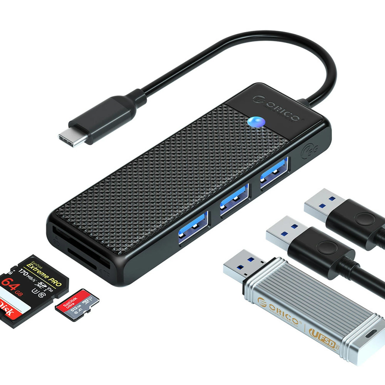 Orico PAPW3AT-C3 USB šakotuvas, 4 prievadai, 3x USB-A 3.0 su microSD/SD skaitytuvu, 1.8 m - juodas -- USB Hubs
