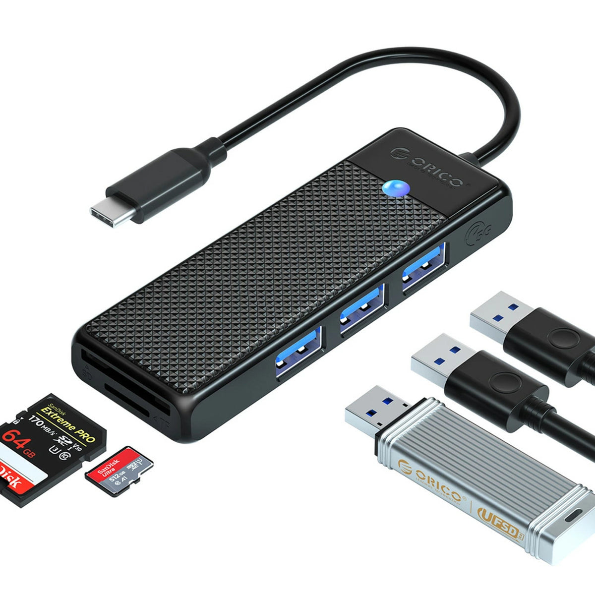 Orico PAPW3AT-C3 USB šakotuvas, 4 prievadai, 3x USB-A 3.0 su microSD/SD skaitytuvu, 1 m - juodas -- USB Hubs