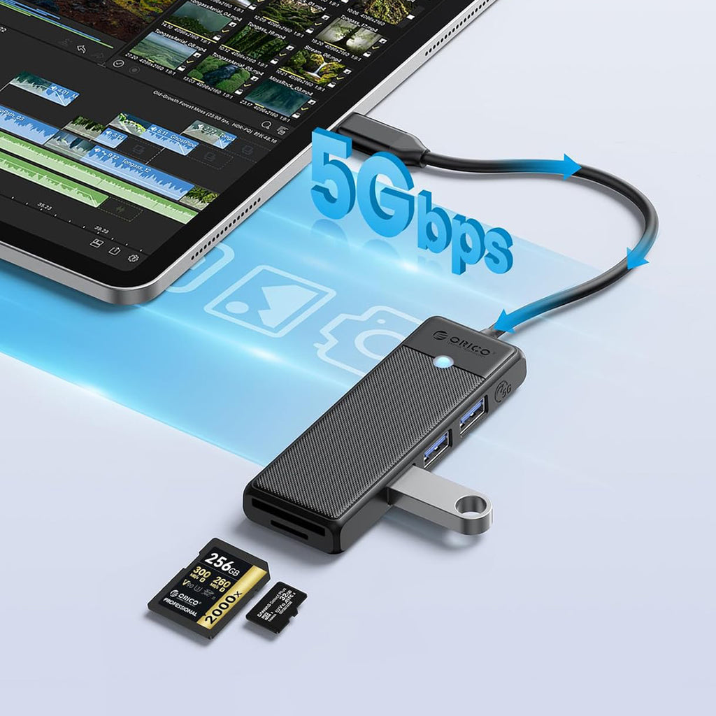 Orico PAPW3AT-C3 USB šakotuvas, 4 prievadai, 3x USB-A 3.0 su microSD/SD skaitytuvu, 1 m - juodas -- USB Hubs