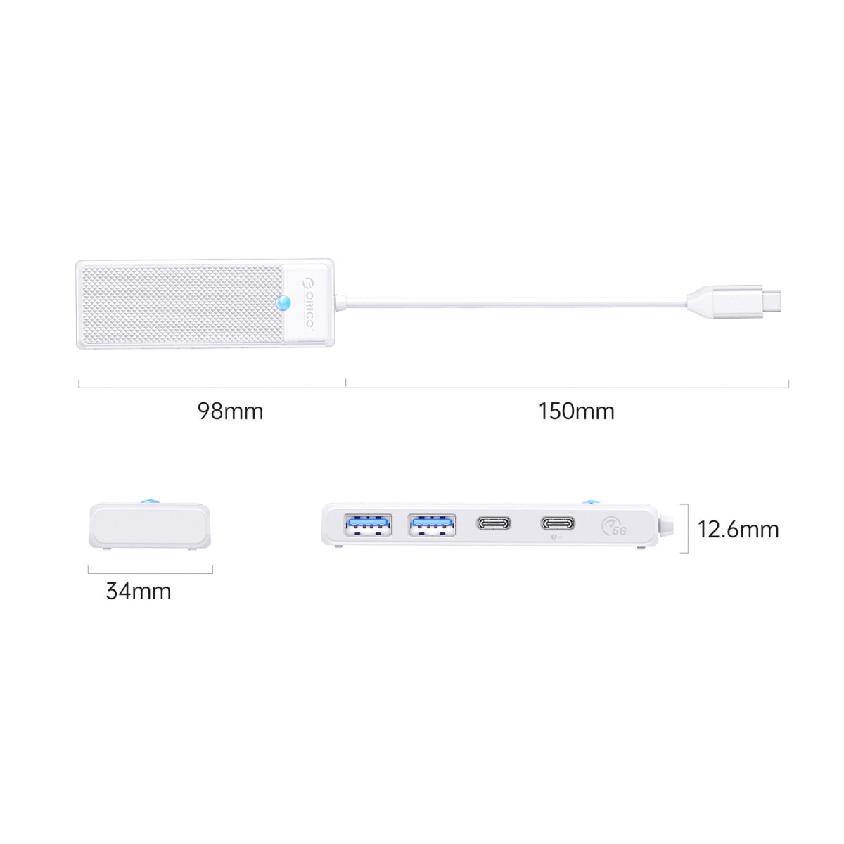 Orico PAPW2AC-C3 USB Hub 4 prievadų 2x USB-A 3.0 1x USB-C 3.0 su USB-C PD 100W 0.15m - baltas -- USB Hubs