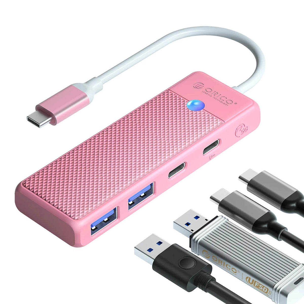 Orico PAPW2AC-C3-C3 USB Hub 4 prievadų 2x USB-A 3.0 1x USB-C 3.0 su USB-C PD 100W 0.15m - rožinė -- USB Hubs