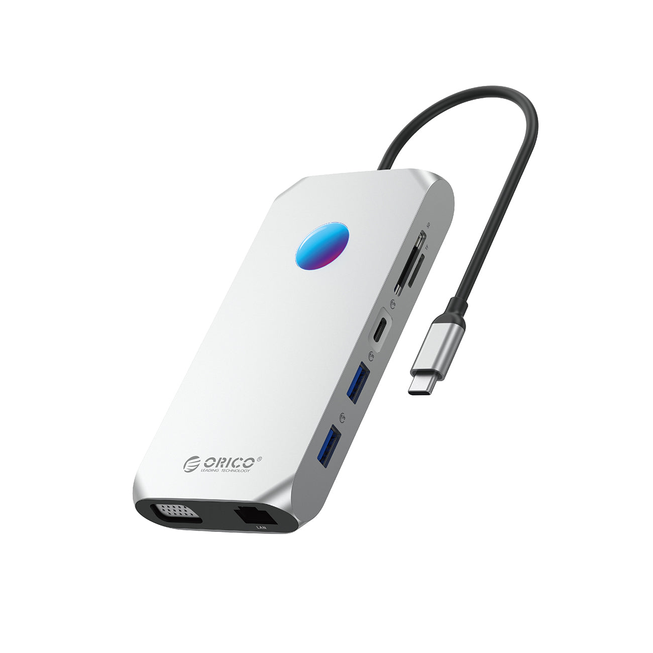 Orico XCR 12in1 RGB USB-C dokavimo stotis 2x USB-A 3.1 1x USB-A 2.0 1x USB-C PD 100 W 1x USB-C 3.1 2x HDMI 2.0 4K 60Hz 1x...