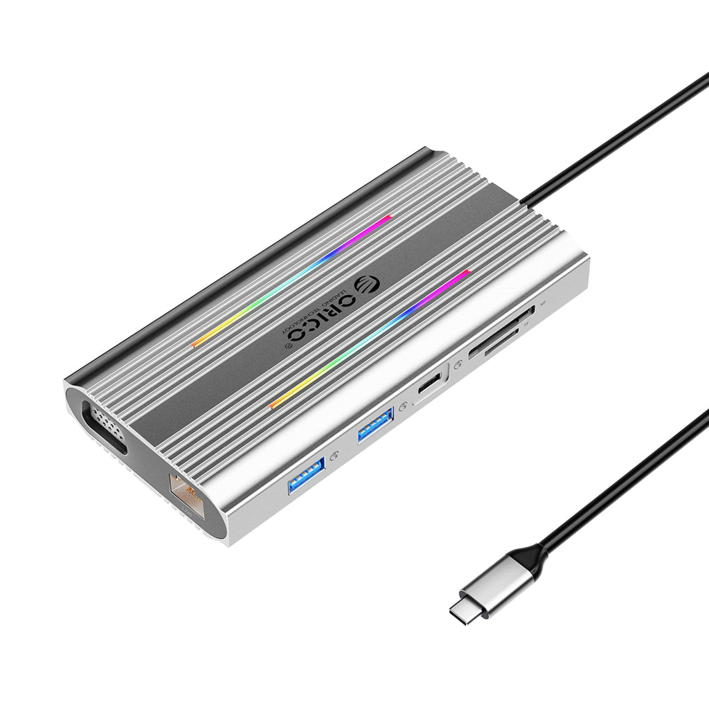 Orico XDR 12in1 RGB USB-C Dokavimo stotis USB-A USB-C PD 100W 2x HDMI 4K 60Hz VGA RJ45 Gigabit SD ir microSD Kortelės...