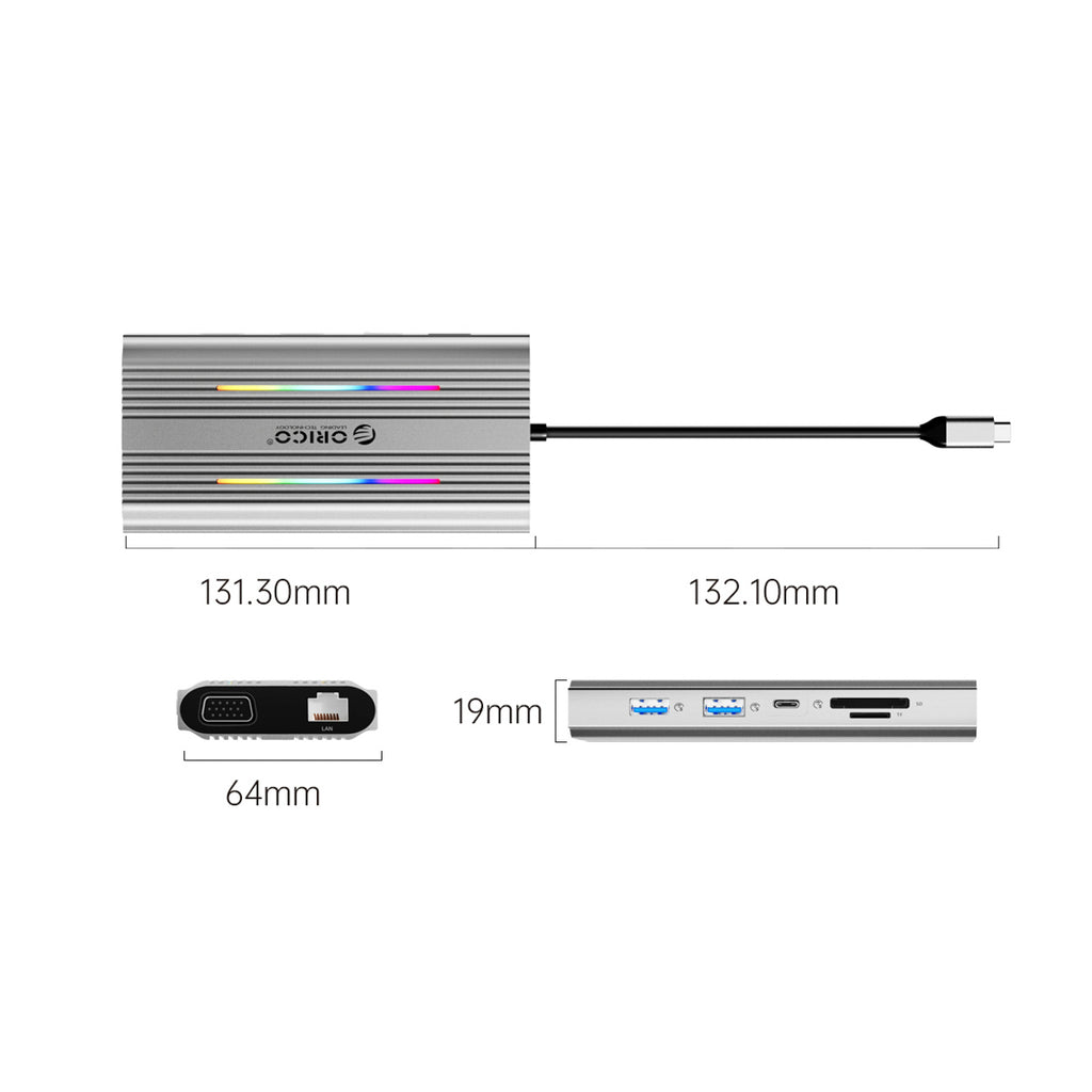 Orico XDR 12in1 RGB USB-C Dokavimo stotis USB-A USB-C PD 100W 2x HDMI 4K 60Hz VGA RJ45 Gigabit SD ir microSD Kortelės...