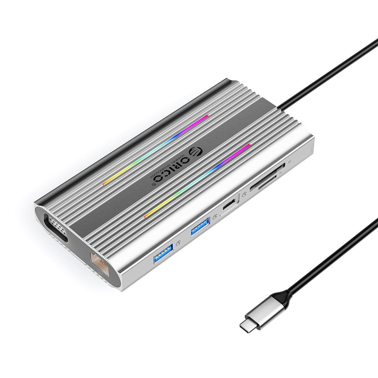 Orico XDR 12in1 RGB USB-C prijungimo stotis 3x USB-A USB-C PD 100W HDMI 4K VGA RJ45 Gigabit SD ir microSD kortelės...