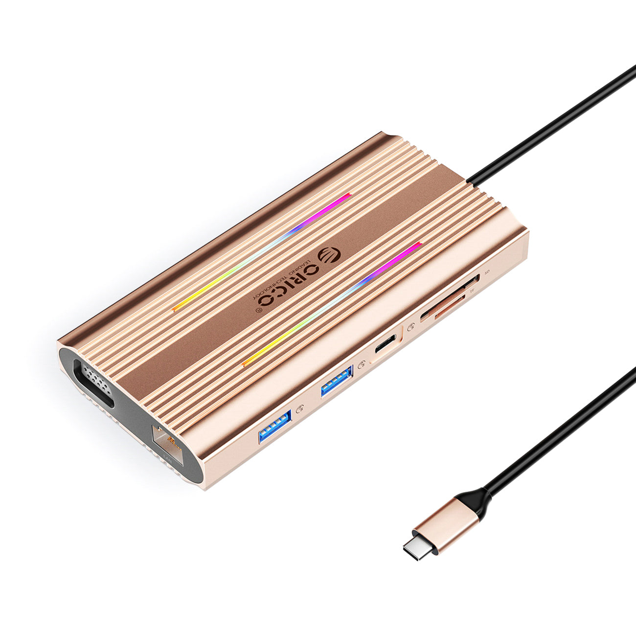 Orico XDR 12in1 RGB USB-C prijungimo stotis 3x USB-A USB-C PD 100W HDMI 4K VGA RJ45 Gigabit SD ir microSD kortelės...