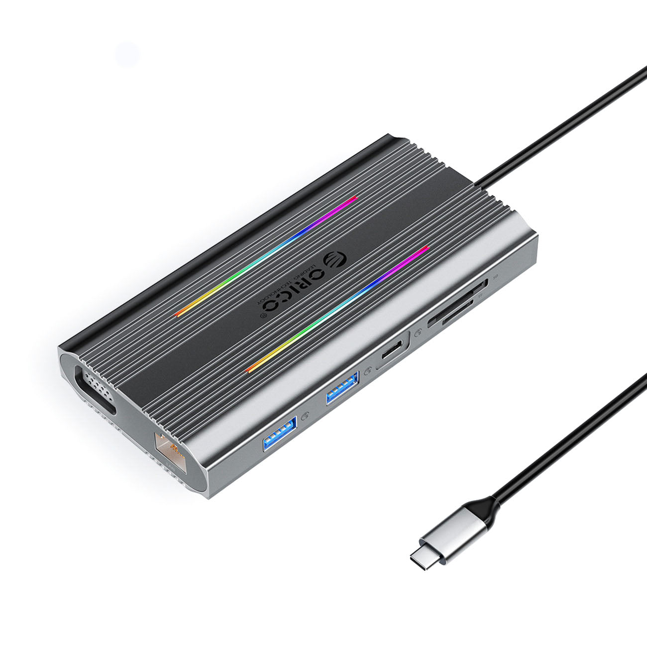 Orico XDR 12in1 RGB USB-C prijungimo stotis 3x USB-A USB-C PD 100W HDMI 4K VGA RJ45 Gigabit SD ir microSD kortelės...