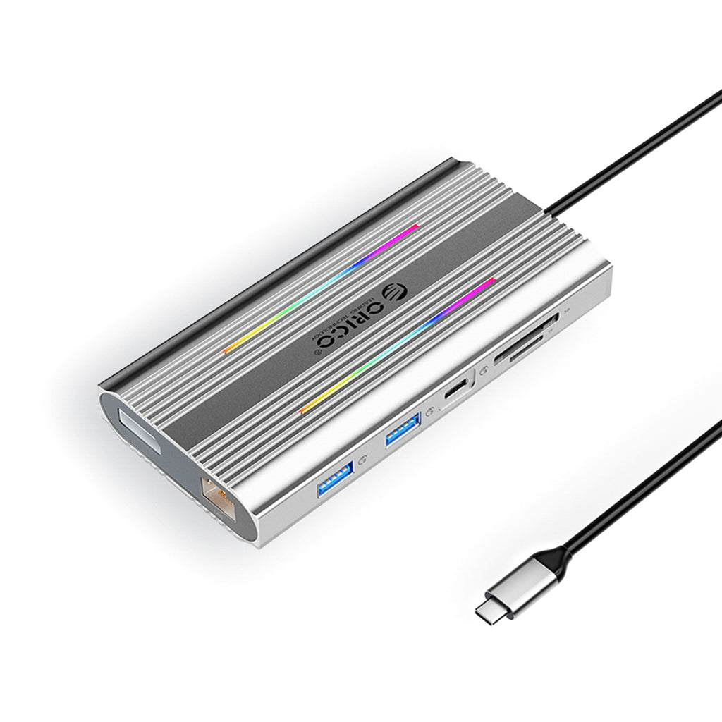 Orico XDR 12in1 RGB USB-C prijungimo stotis USB-A USB-C 2x HDMI 4K 60Hz DisplayPort 4K 60Hz RJ45 Gigabit PD 100W SD ir...