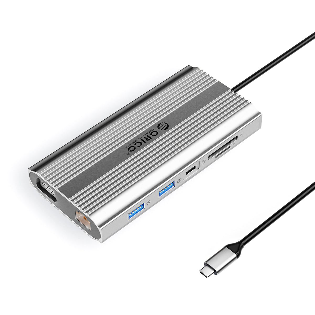 Orico XDR 12in1 USB-C stotis USB-A USB-C HDMI 4K VGA RJ45 Gigabit PD 100W SD ir microSD kortelės skaitytuvas - Sidabrinė...