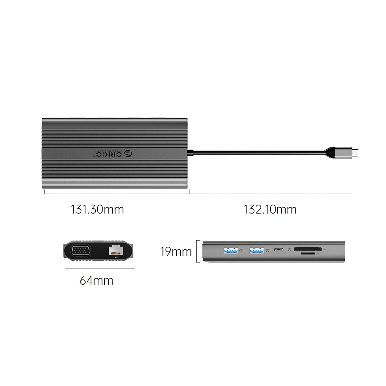 Orico XDR 12in1 USB-C stotis USB-A USB-C HDMI 4K VGA RJ45 Gigabit PD 100W SD ir microSD kortelės skaitytuvas - Pilka --...