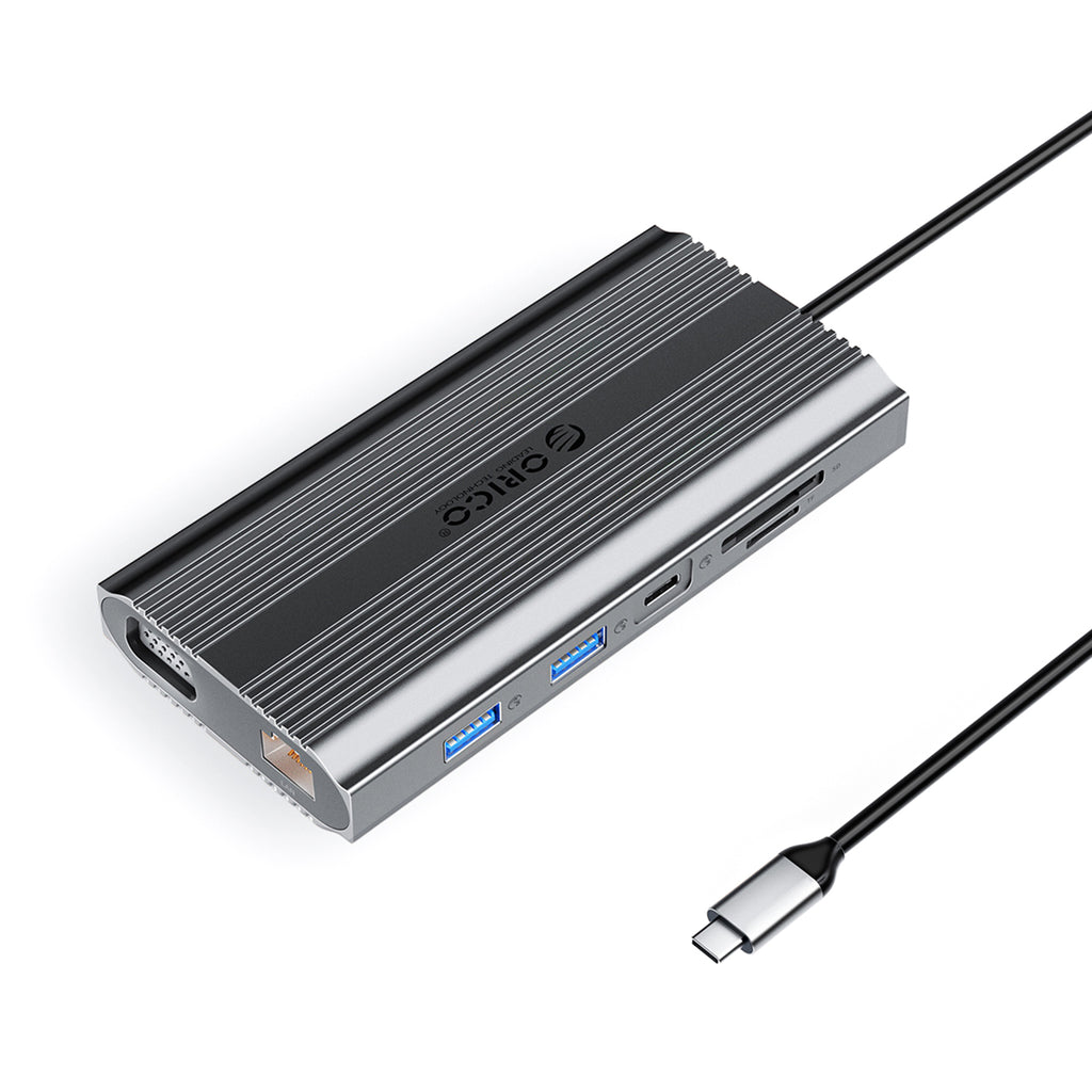 Orico XDR 12in1 USB-C stotis USB-A USB-C HDMI 4K VGA RJ45 Gigabit PD 100W SD ir microSD kortelės skaitytuvas - Pilka --...