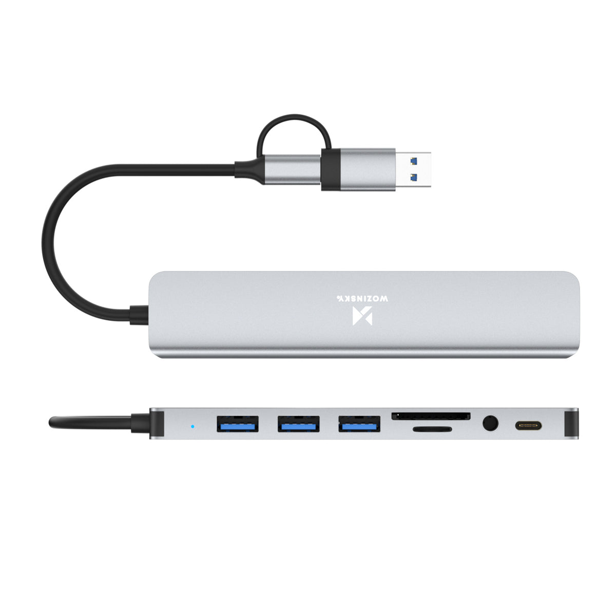 Šakotuvas Wozinsky WAH-81 8-in-1 su USB 3.0, SD kortelių skaitytuvu ir garso išvestimi - pilkas -- USB Hubs