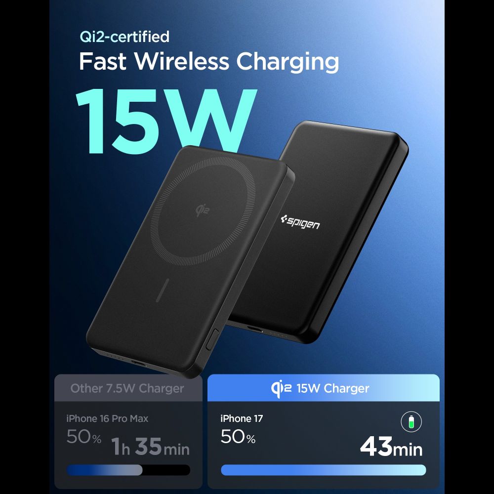 Spigen Essential EA2205MQ 5000MAH 22.5W QI2 Power Bank – Juodas -- Powerbanks